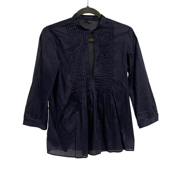 Theory Lexus Cinz Navy Blue Women's Semi Sheer‎ Pintuck Keyhole Blouse Size S - Picture 1 of 7